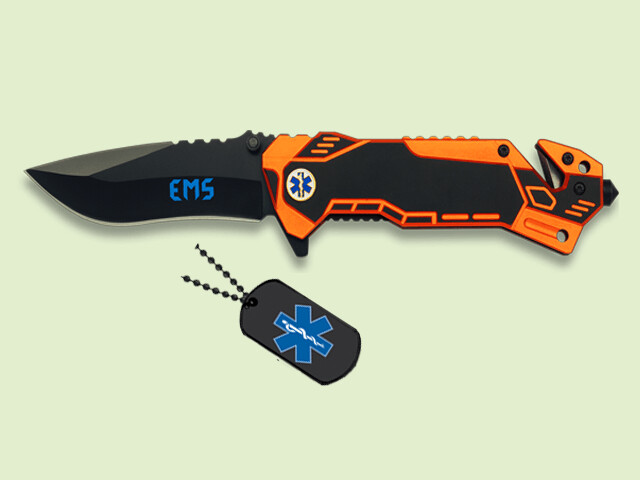 NAVAJA E.M.S. NARANJA METALICA CON FUNDA Y CHAPAS 8 cm/hoja