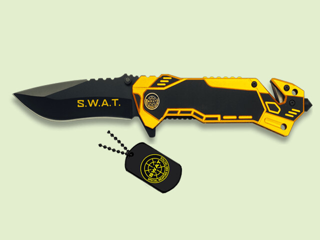 NAVAJA SWAT AMARILLA METALICA CON FUNDA Y CHAPAS 8 cm/hoja