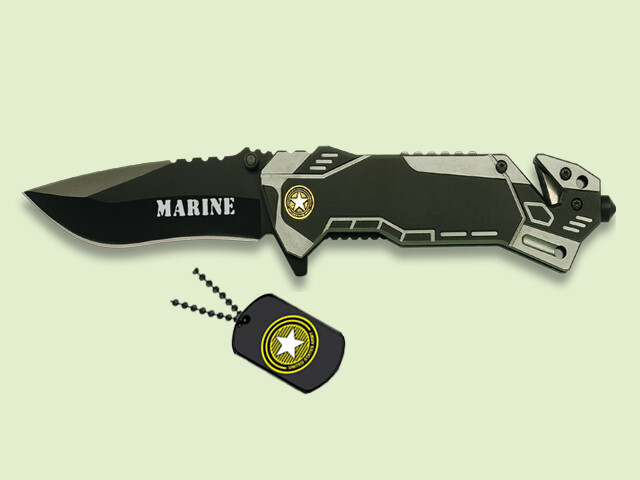 NAVAJA MARINE GRIS METALICA CON FUNDA Y CHAPAS 8 cm/hoja