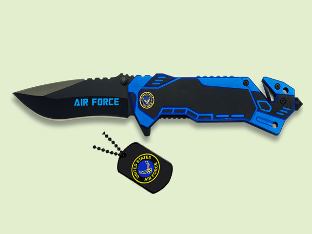 NAVAJA AIR FORCE AZUL METALICA CON FUNDA Y CHAPAS 8 cm/hoja