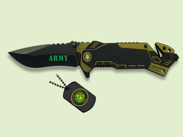 NAVAJA ARMY VERDE METALICA CON FUNDA Y CHAPAS 8 cm/hoja