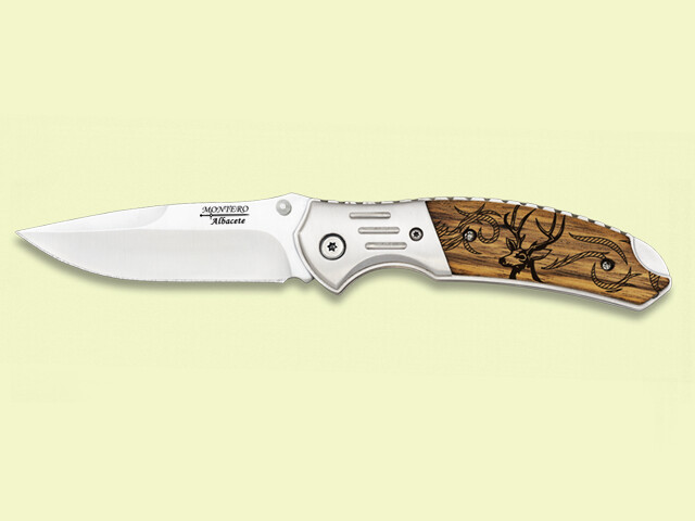 NAVAJA VIROLA INOX. MADERA DIBUJO LASER CIERVO 8.5 cm/hoja