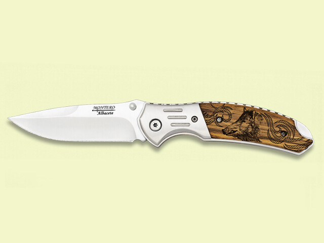NAVAJA VIROLA INOX. MADERA DIBUJO LASER JABALI 8.5 cm/hoja