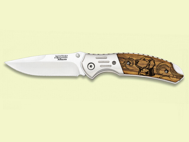 NAVAJA VIROLA INOX. MADERA DIBUJO LASER PERRO 8.5 cm/hoja