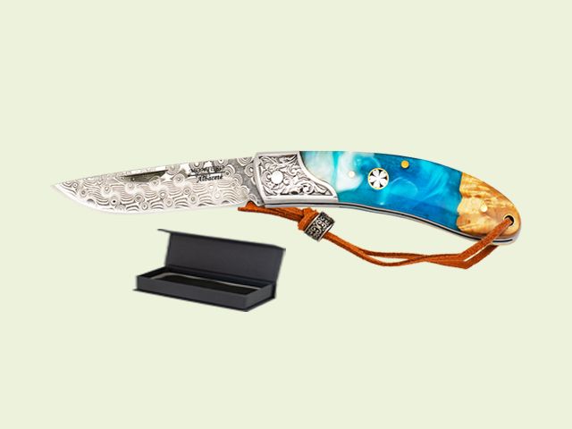 NAVAJA LUJO MANGO MADERA RAIZ Y RESINA 8 cm/hoja DAMASCO