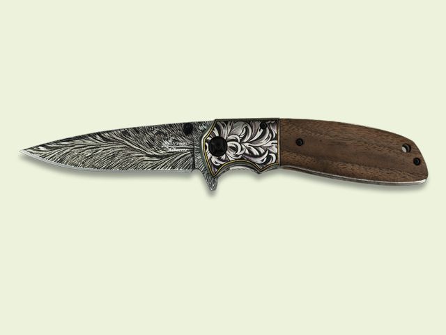 NAVAJA MADERA HOJA Y VIROLA DECORADA LASER 8.5 cm/hoja