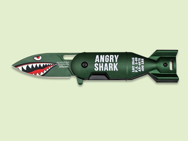 NAVAJA MANGO ABS 3D BOMBA ANGRY SHARK 6 cm/hoja Verde