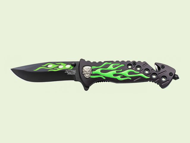NAVAJA MANGO CALAVERA LLAMAS VERDE 8.5 cm/hoja Negra