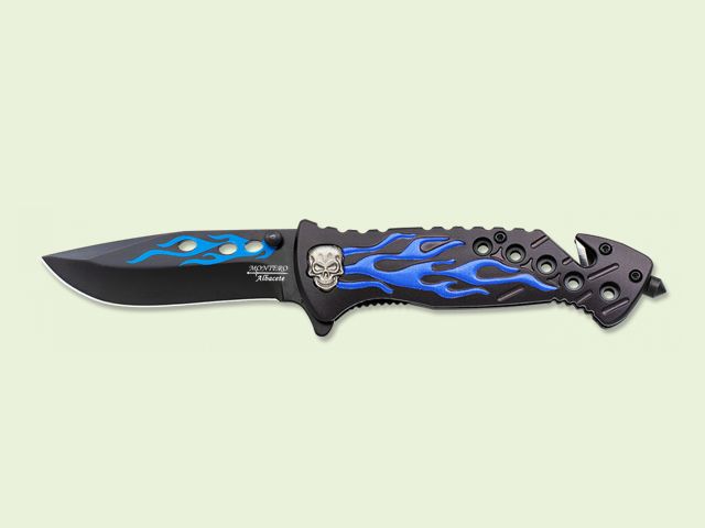 NAVAJA MANGO CALAVERA LLAMAS AZUL 8.5 cm/hoja Negra