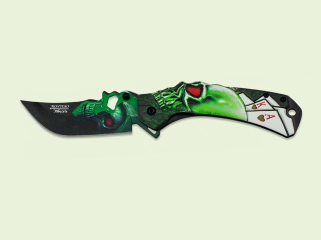 NAVAJA MANGO Y HOJA 3D CARTAS CALAVERAS VERDES 9 cm/hoja