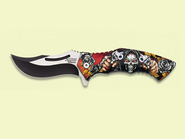 NAVAJA MANGO ABS ROJO CALAVERA-PISTOLAS 8.5 cm/hoja