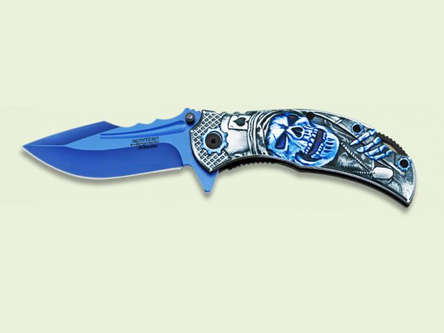NAVAJA MANGO ABS AZUL CALAVERA 3D 9 cm/hoja