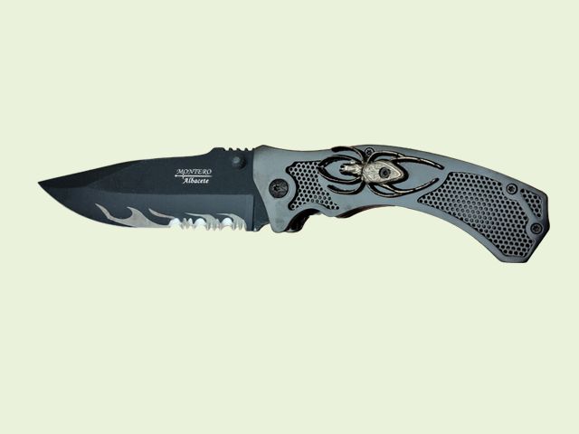 NAVAJA MANGO METALICO DECORADO CON ARAÐA 8.5 cm/hoja