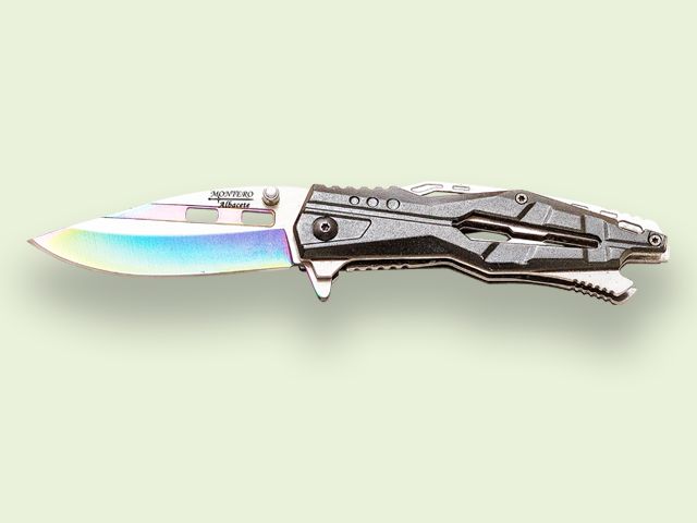 NAVAJA MANGO METALICO Y FIBRA NEGRA 8.5 cm/hoja RAINBOW