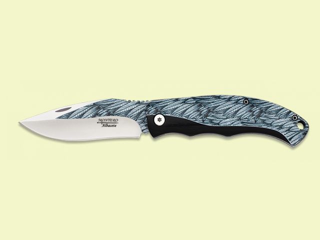 NAVAJA DECORADA PLUMAS MANGO STAMINA NEGRA 8.5 cm/hoja