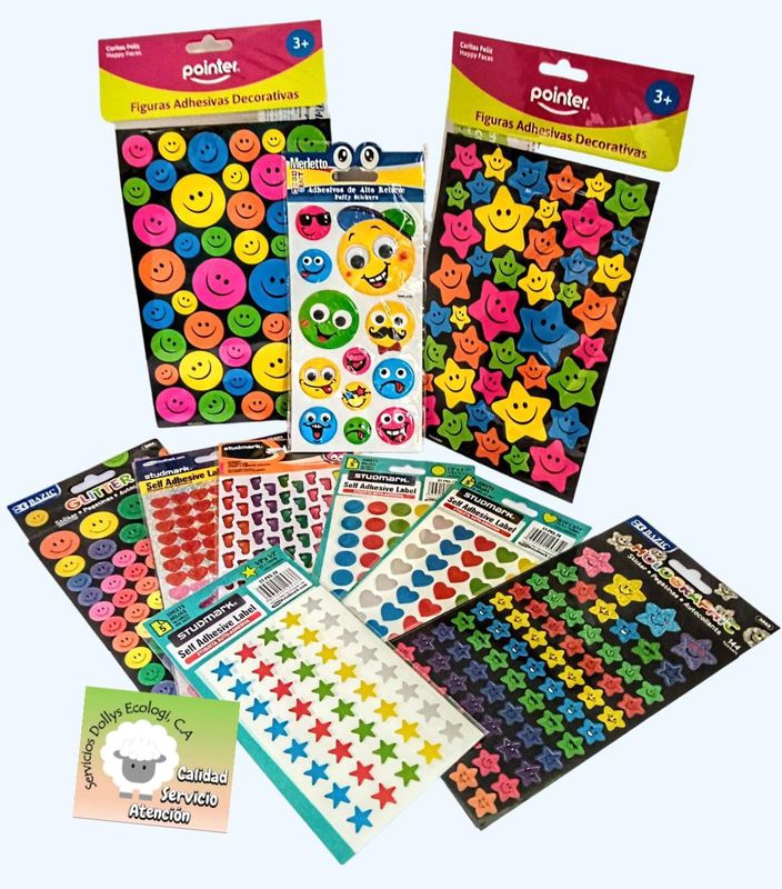 CALCOMANIAS STICKERS FIGURAS VARIADAS CARITAS ESTRELLAS CORAZONES HUELLAS