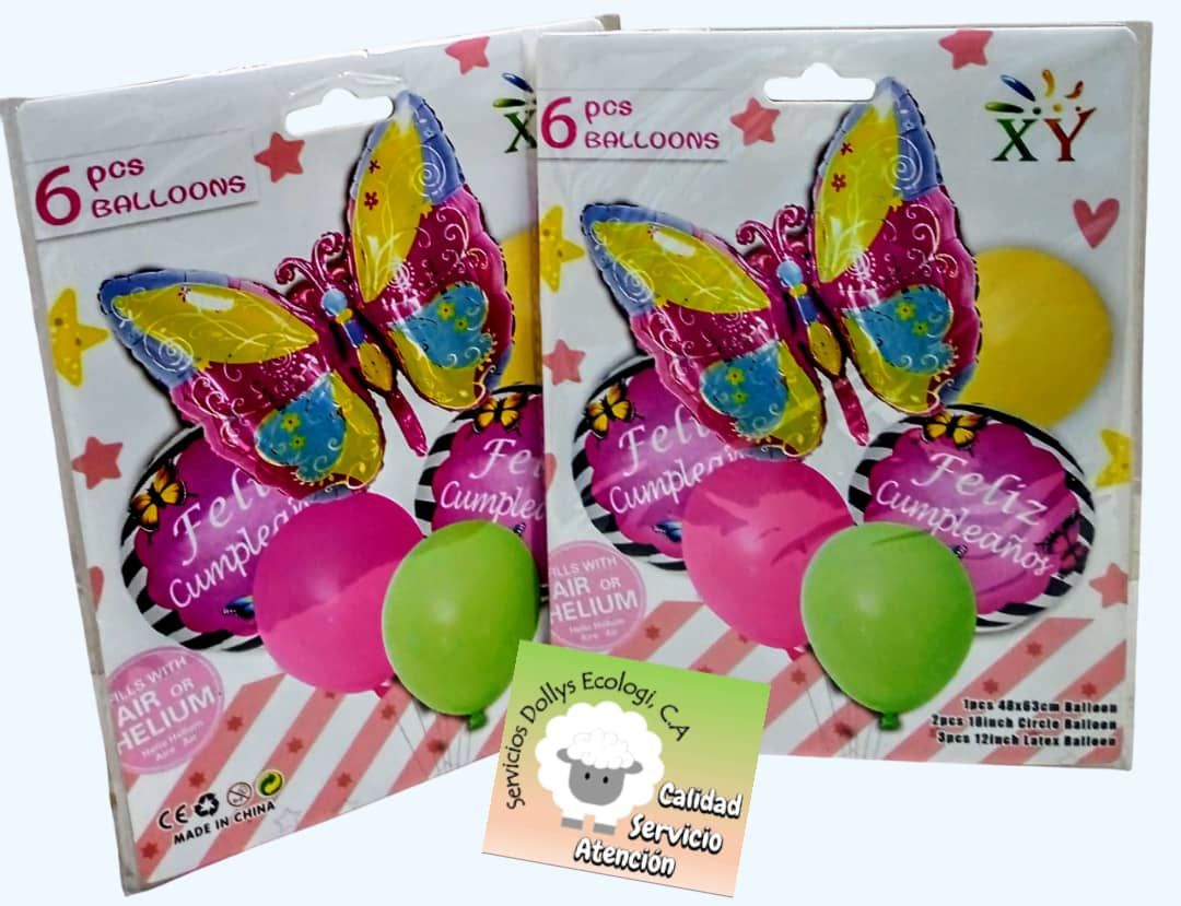 GLOBOS SET DE CUMPLEAÑOS HAPPY  - DISEÑO DE MARIPOSAS - 6 Y 7 PZAS