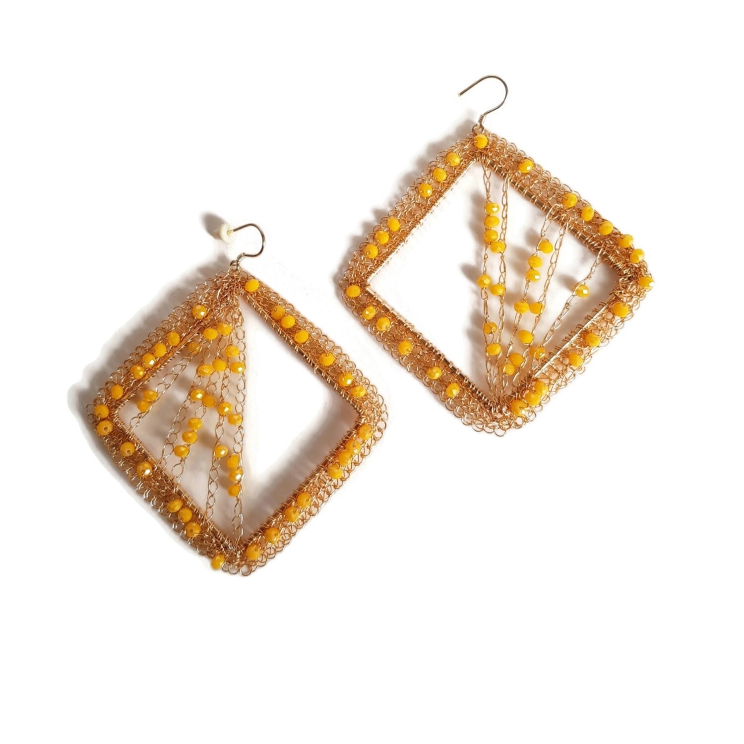 4 Gold Earrings “Honey Drops” with yellow crystals hand CroShaped© from wire.