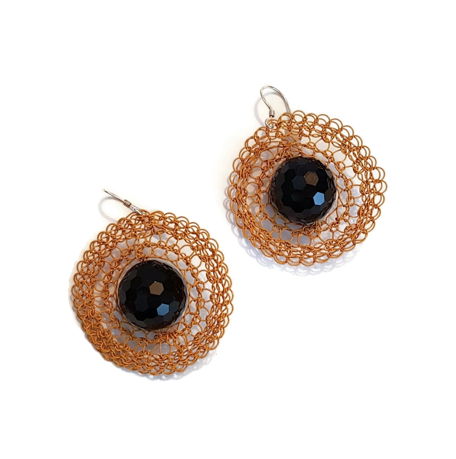 4 Black and Yellow Earrings “Just Be&quot; with black agate hand CroShaped© from wire.