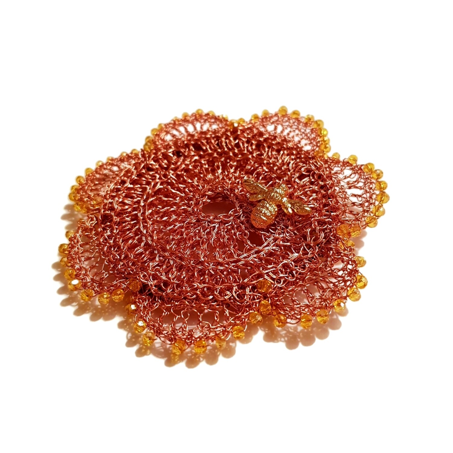 4 Copper Brooch “Flower Bee” with gold colour bee hand CroShaped© from wire.