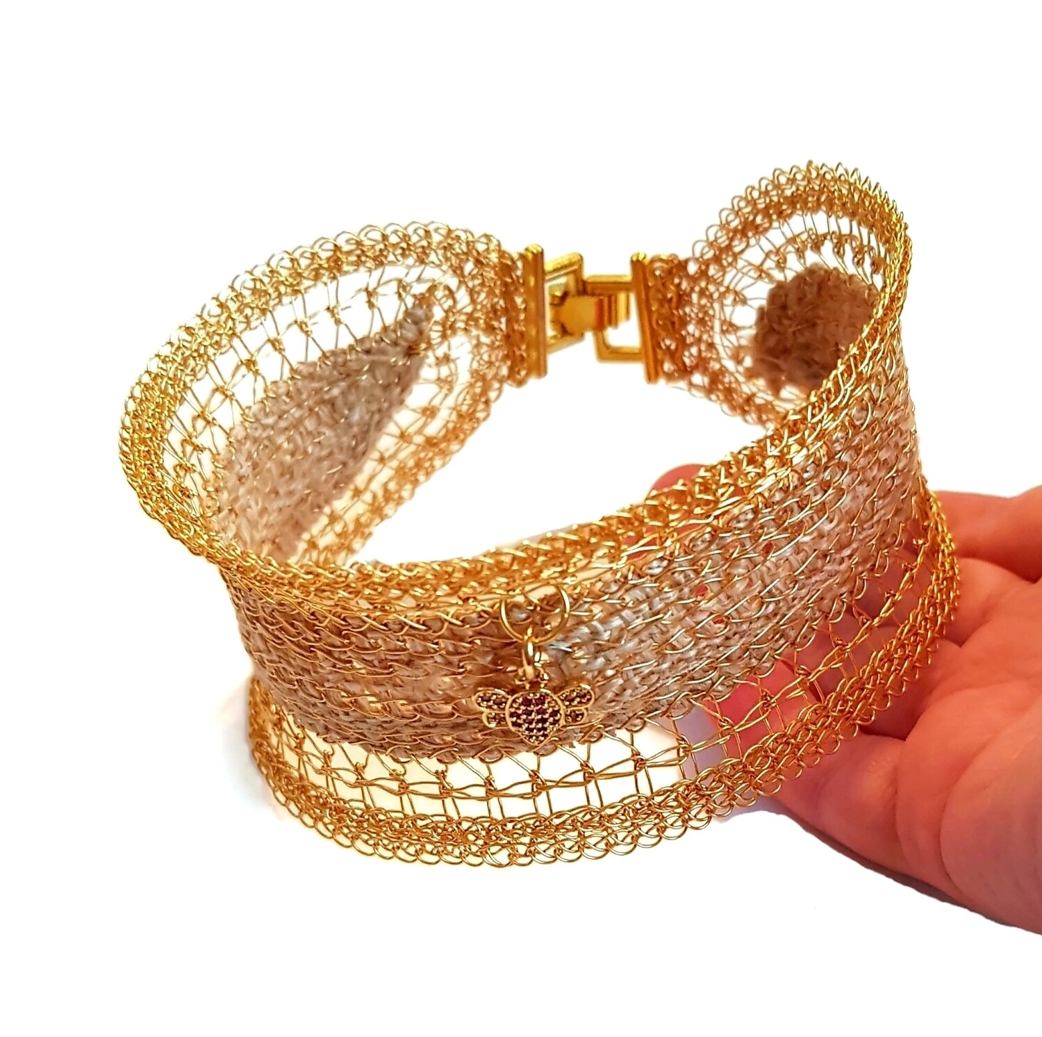 Wire Crochet Golden Bracelet &quot;I Will Bee There&quot;