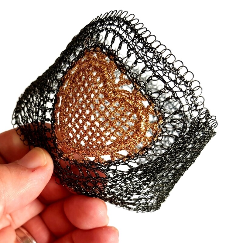 4 Black and Gold Bangle &quot;Love Bee&quot; hand CroShaped© from wire.