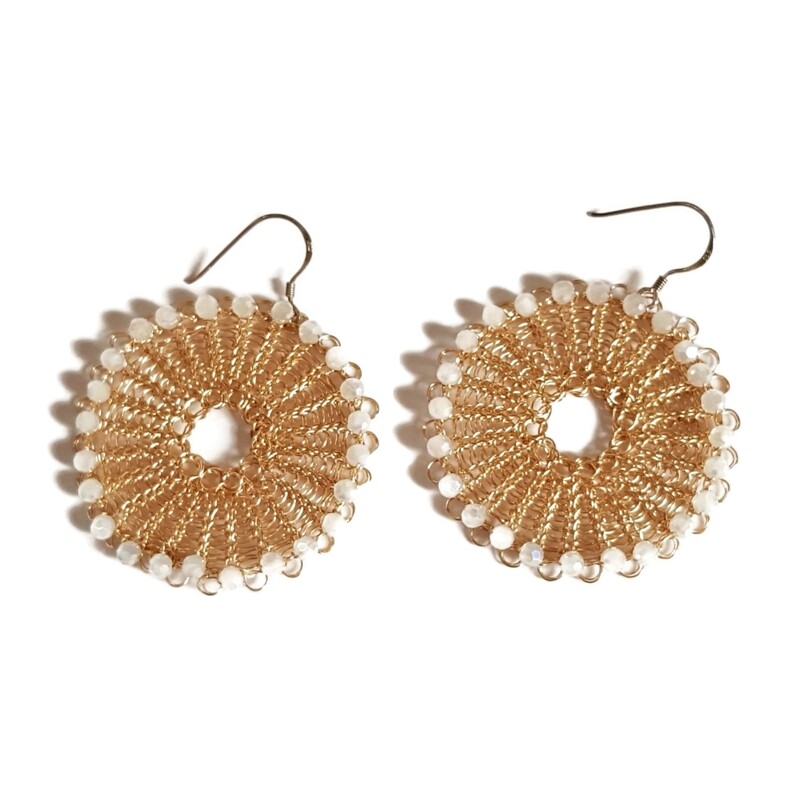 Golden Earrings “Bee Happy” with mother of pearl hand CroShaped© in wire.