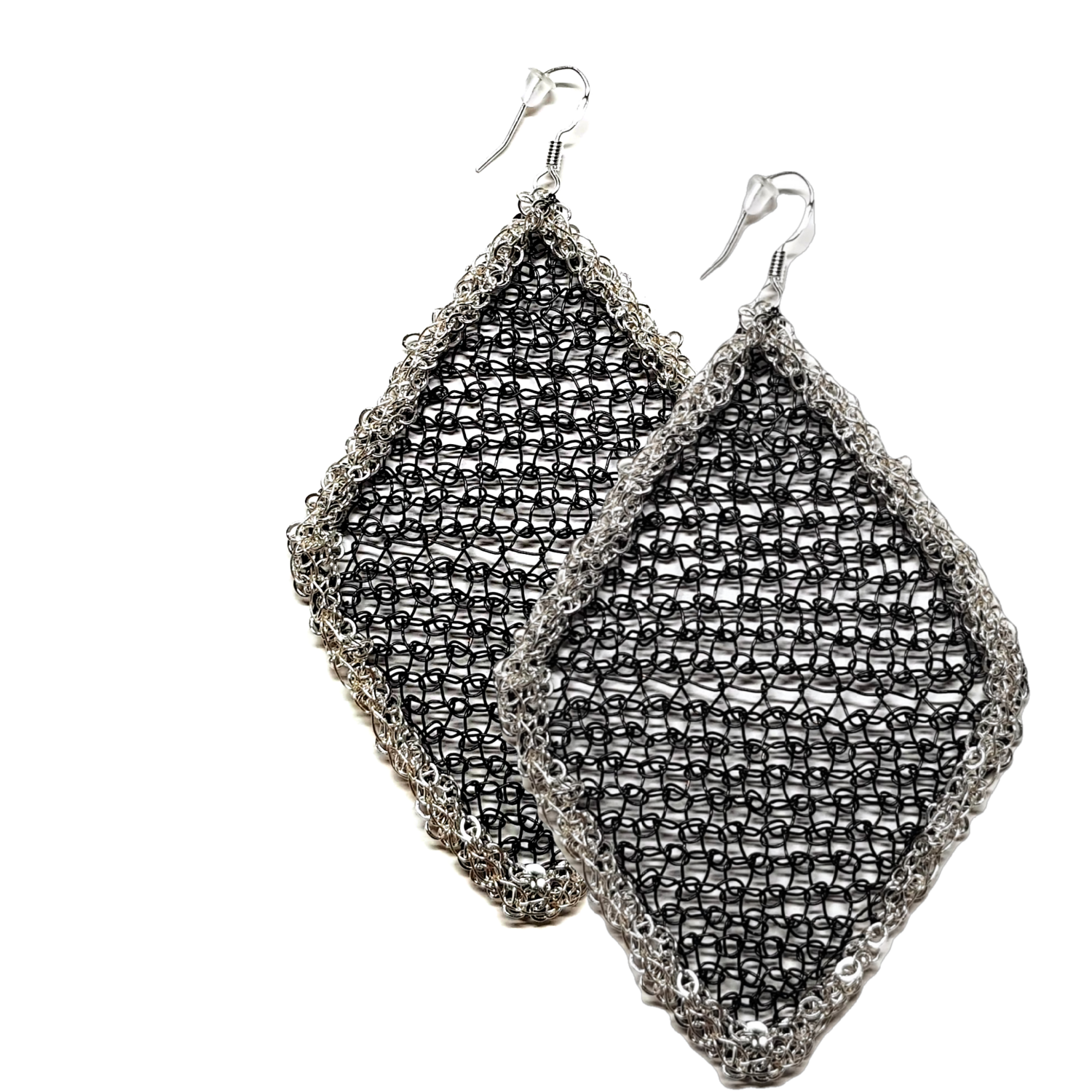 13 Black earrings &quot;Black Rhombus&quot; with silver chain hand CroShaped© in filigree wire pattern.