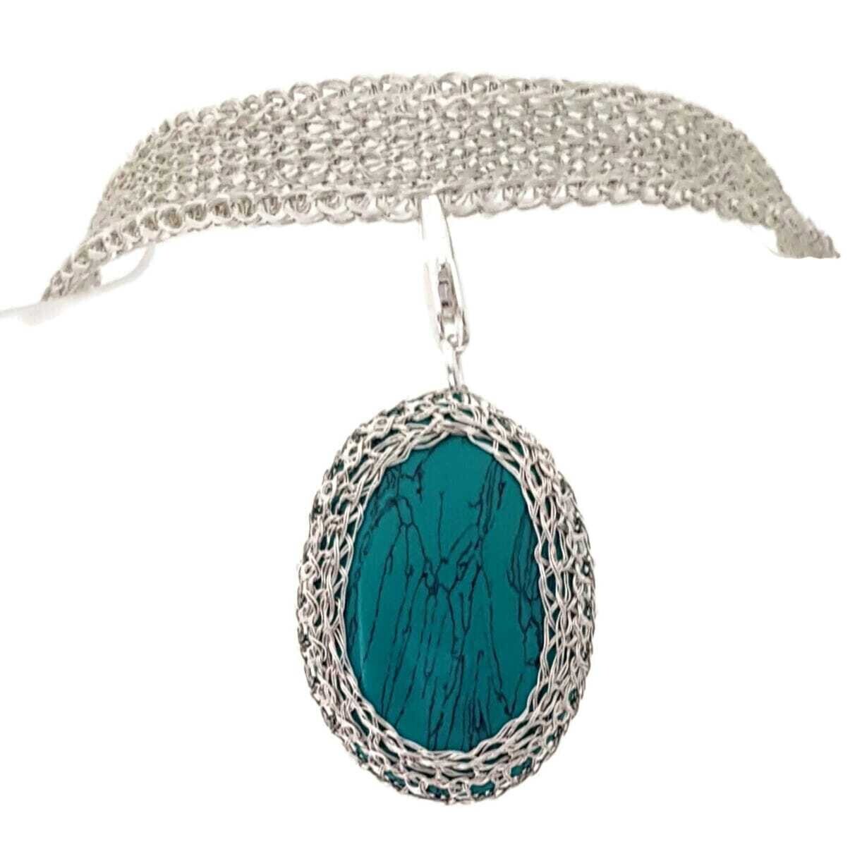 Silver Necklace Choker &quot;Turquoise in Silver&quot; with turquoise cabochon hand CroShaped© from wire.