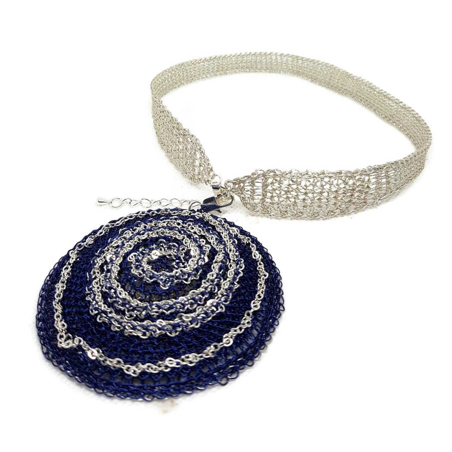 6 Silver Choker/Necklace &quot;Silver and Blue&quot; with silver chain hand CroShaped© from wire.