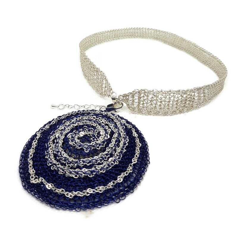 6 Silver Choker/Necklace &quot;Silver and Blue&quot; with silver chain hand CroShaped© from wire.