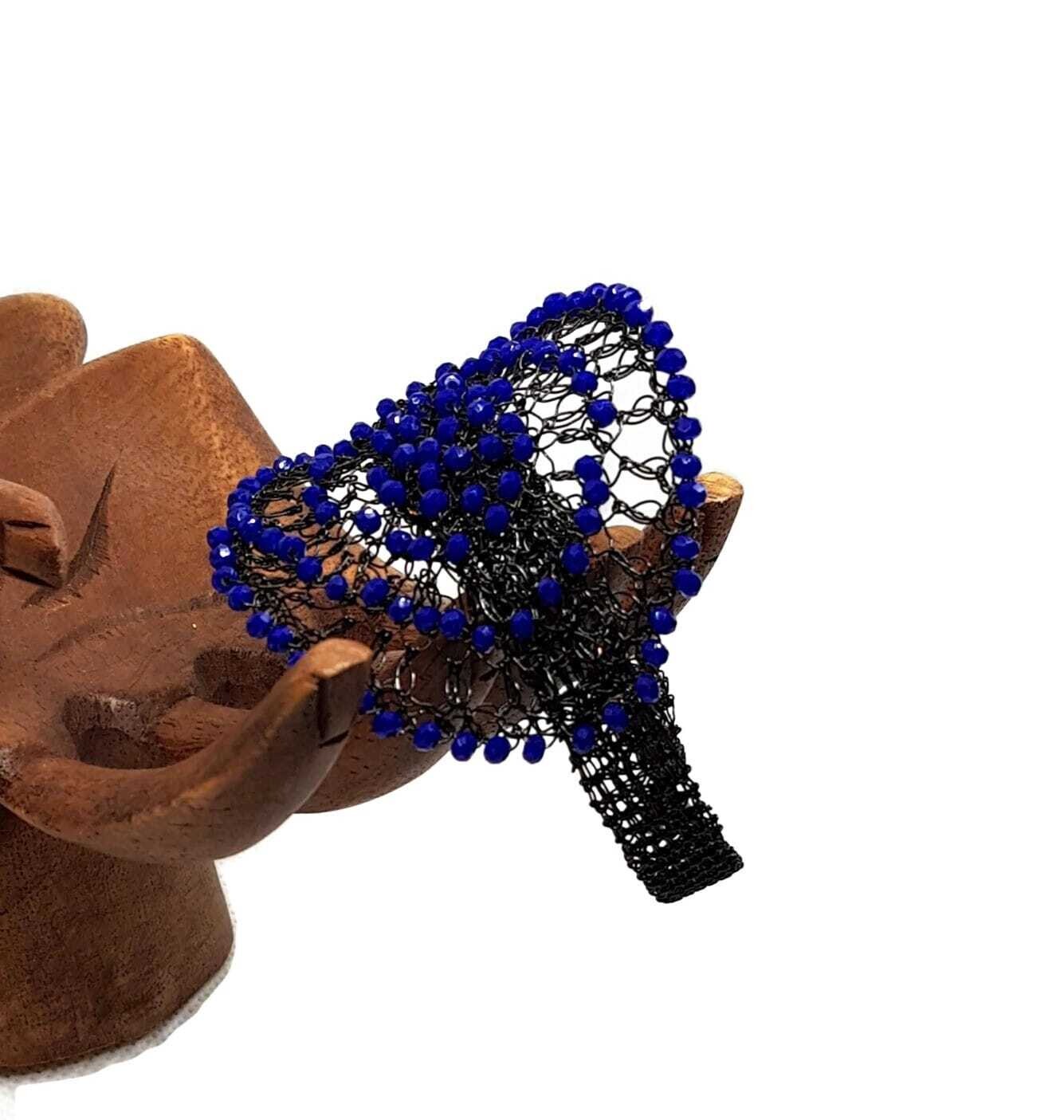 13 Black bracelet &quot;Another Blue&quot; with royal blue crystals hand CroShaped© in wire pattern. 
