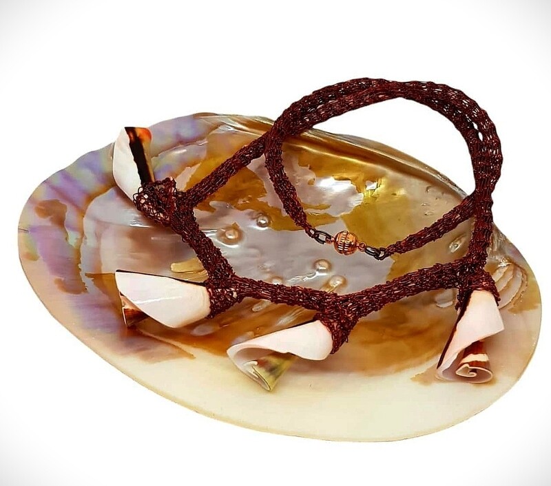 12 Copper Necklace &quot;Chocolate Shells&quot; with real corn shells hand CroShaped© in wire pattern.