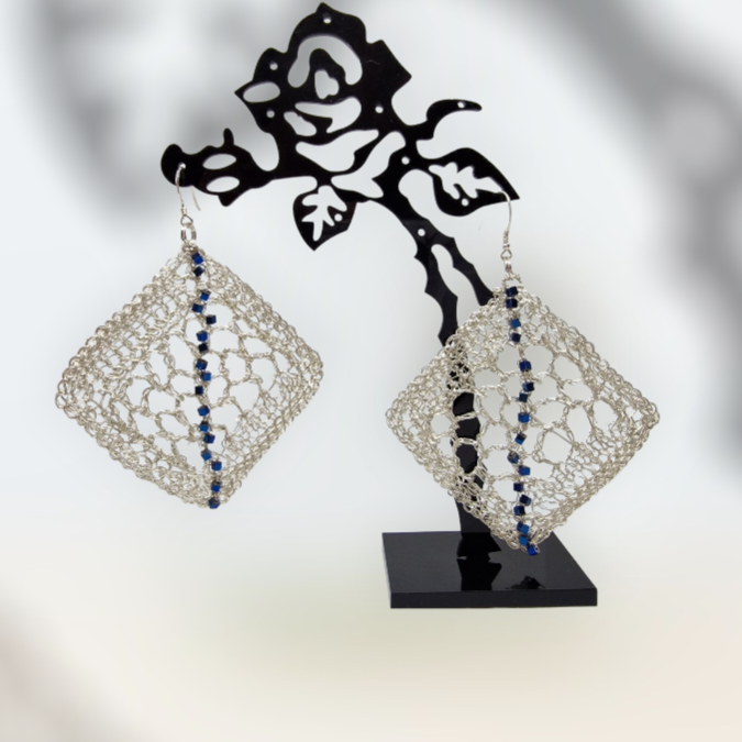 13 Silver Earrings &quot;Melt&quot; with hematite hand CroShaped© in filigree wire pattern.