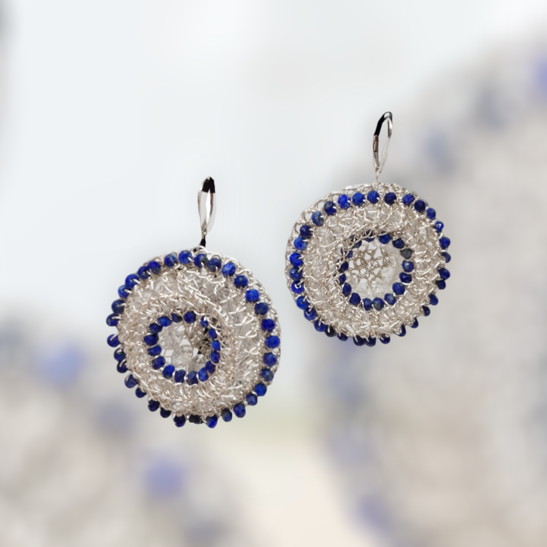 Silver Earrings &quot; Lapis ET&quot; with lapis lazuli CroShaped© in distinctive wire pattern.