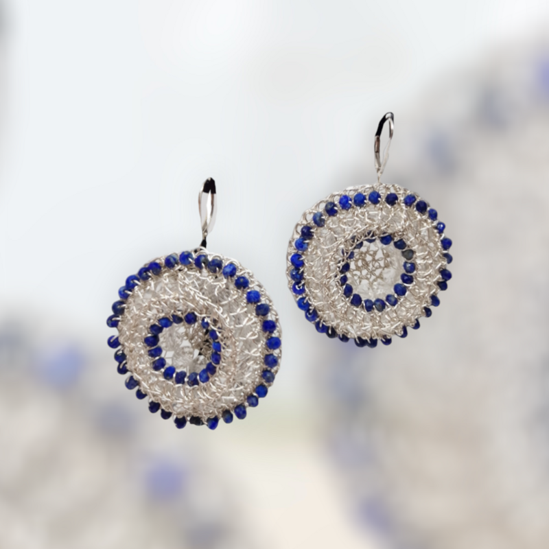 Silver Earrings &quot; Lapis ET&quot; with lapis lazuli CroShaped© in distinctive wire pattern.