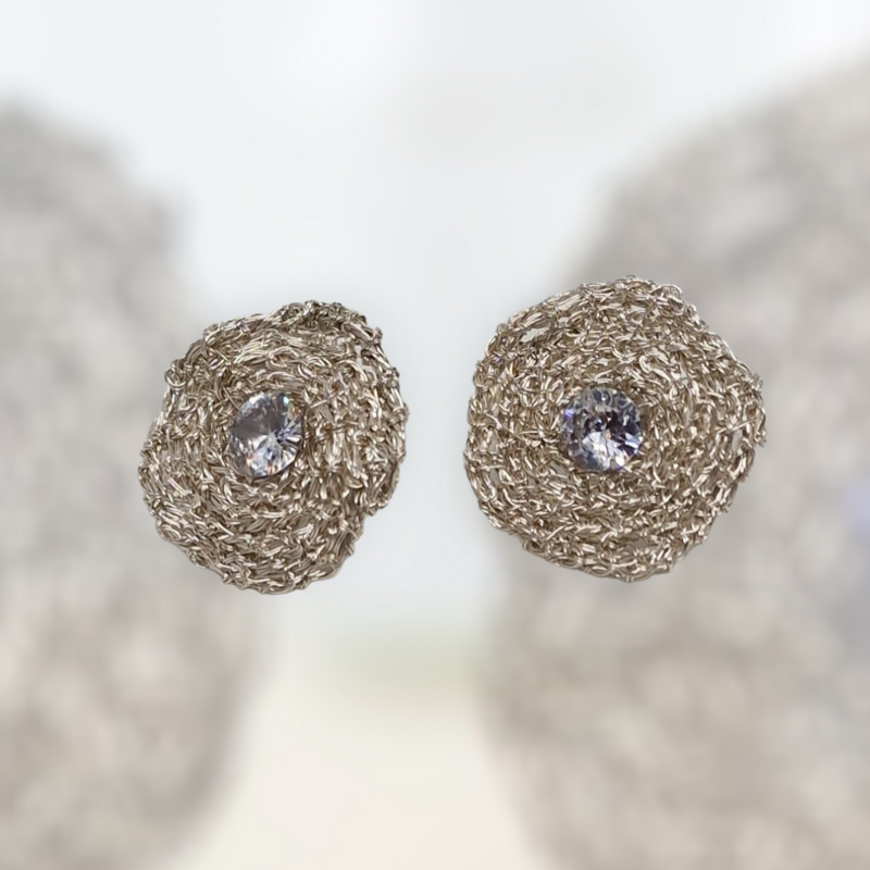 Wire Crochet Silver Earrings &quot;Cubic Zirconia Swirls&quot;