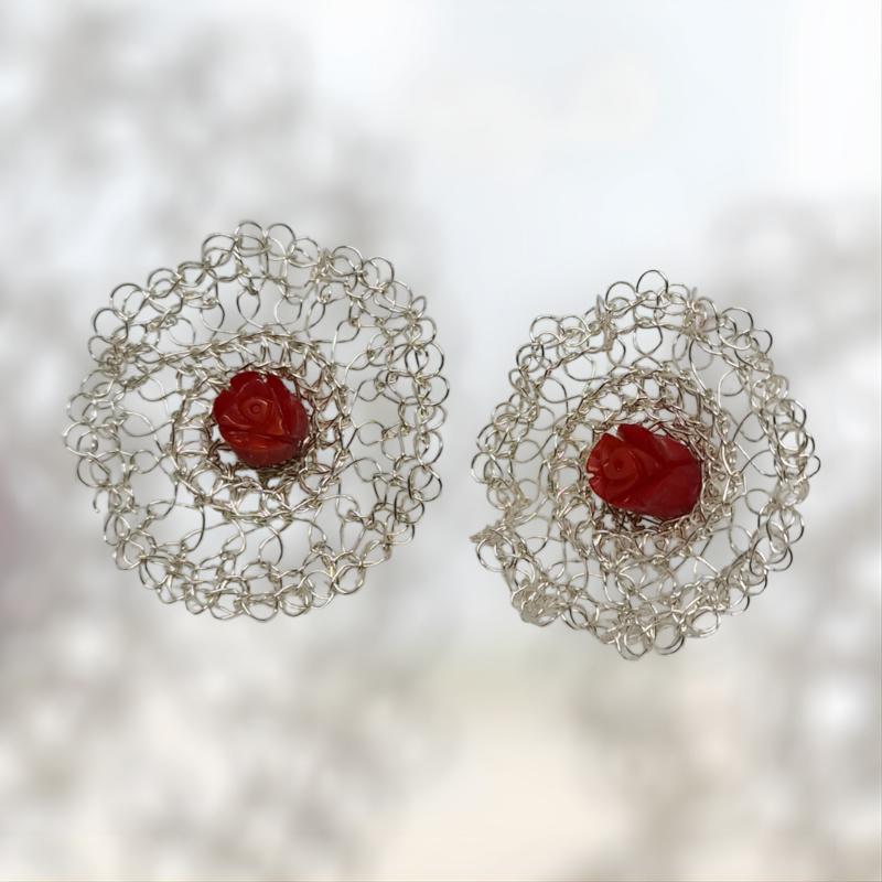 3 Silver Earrings &quot;Red in Lace&quot; with red carved coral hand CroShaped© in filigree wire pattern.