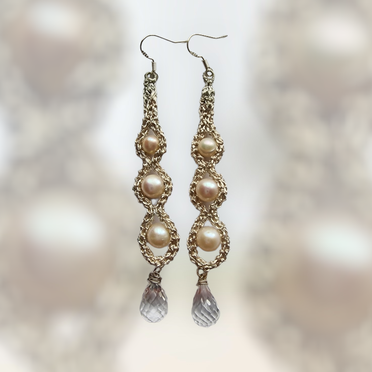 16 Silver Earrings &quot;Elegance&quot; with pearls and quartz embedded in CroShaped© wire pattern.