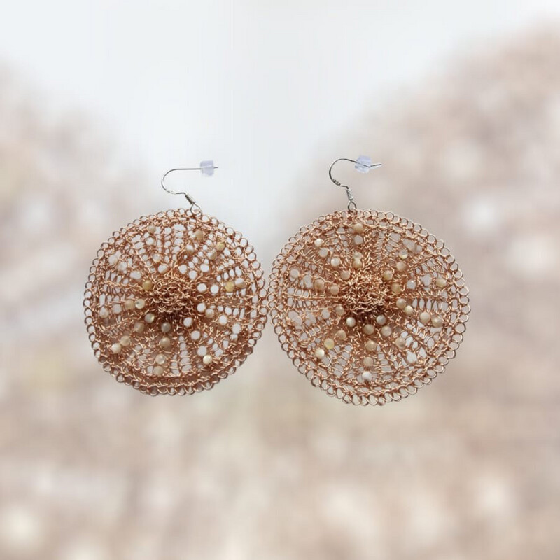 16 Gold stud earrings &quot;Pearl flower&quot;  with mother of pearl embedded in signature pattern CroShaped© from wire. !