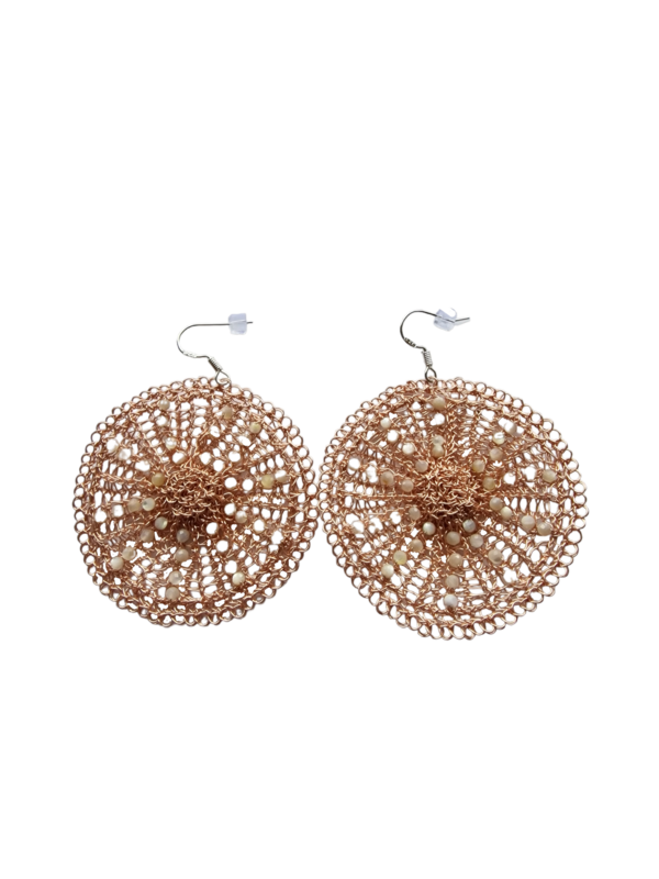 Gold earrings &quot;Pearl flower&quot;  with mother of pearl embedded in signature pattern CroShaped© from wire.