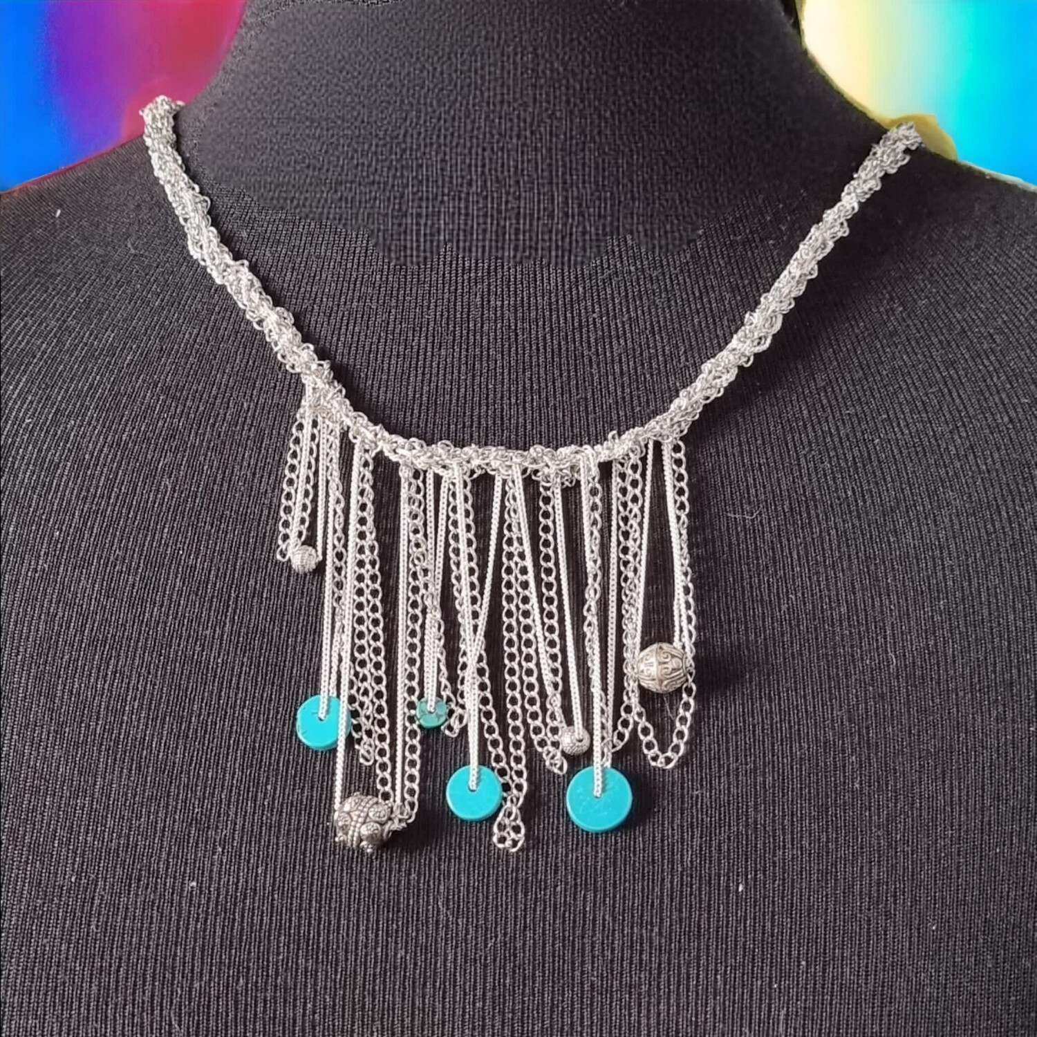 Silver Necklace With Tassels and Turquoise &quot;Movements&quot; hand CroShaped© from wire