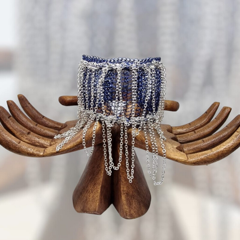 7 Blue Bracelet With Silver Tassels &quot;Star Light Dancer&quot; hand CroShaped© from wire.
