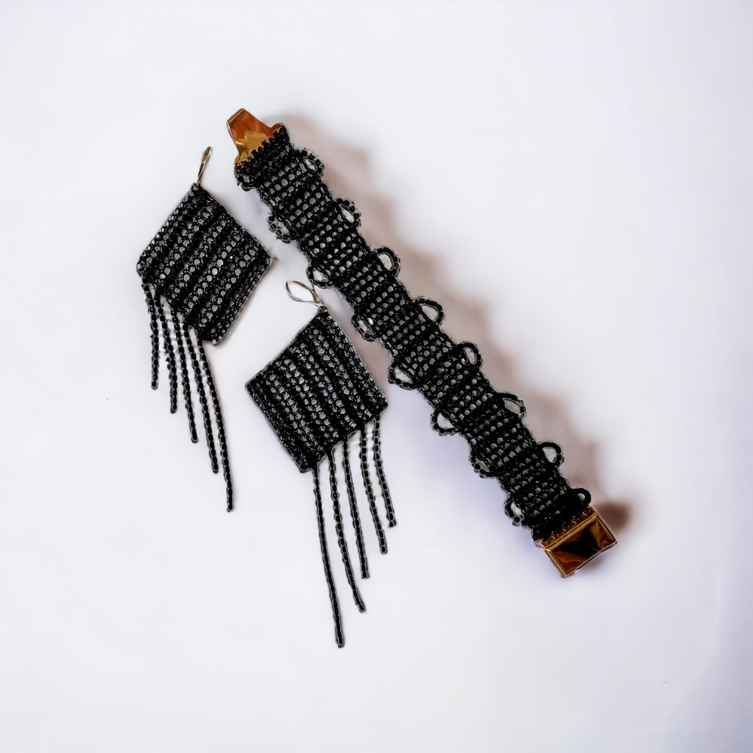 7 Black Tassel Earrings And Bracelet Set with crystal chain hand CroShaped© from wire.