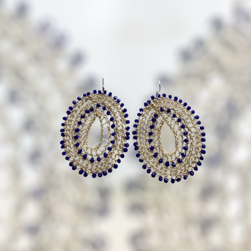 12 Silver Earrings &quot;Ocean Lace&quot; with lapis embedded in signature hand CroShaped© wire pattern 