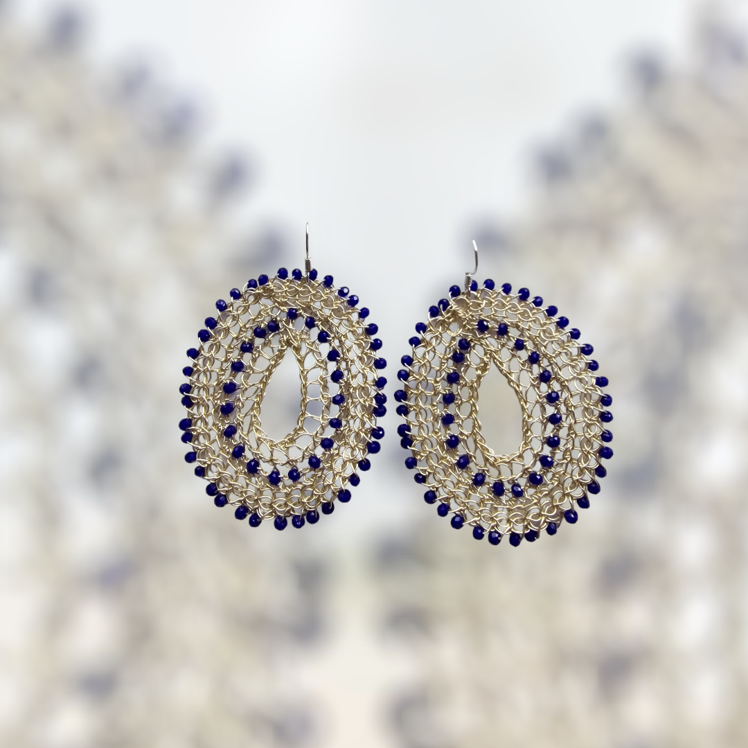 Silver Earrings &quot;Ocean Lace&quot; with lapis embedded in signature hand CroShaped© wire pattern 