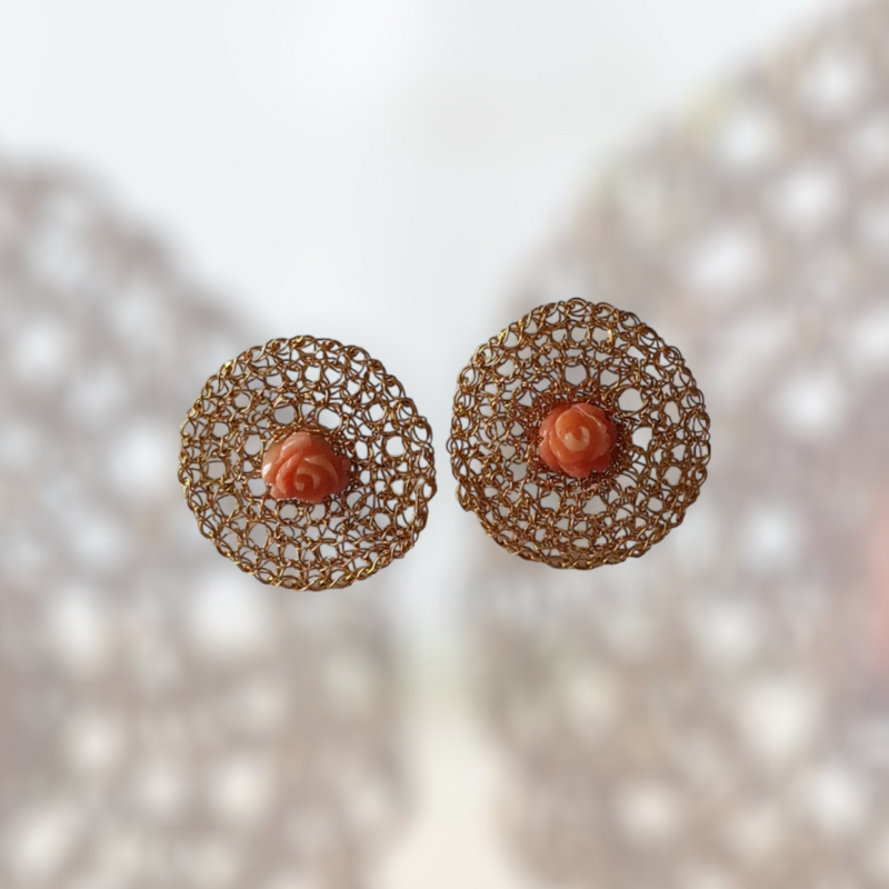 3 Gold Earrings &quot;Pink Flower&quot; with carved coral flower hand CroShaped© in signature wire pattern.