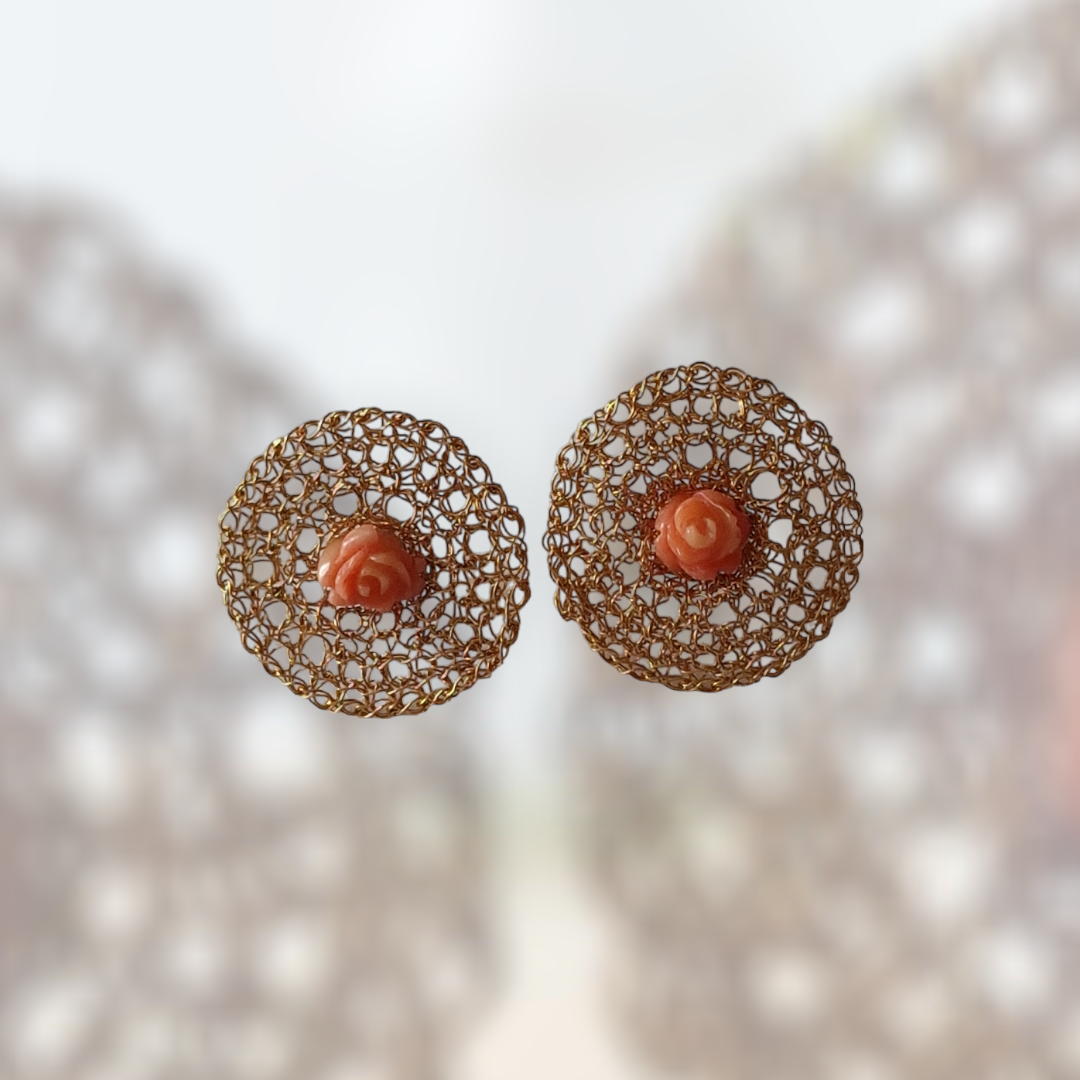 3 Gold Earrings &quot;Pink Flower&quot; with carved coral flower hand CroShaped© in signature wire pattern.