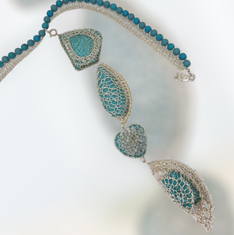 2 Silver Necklace-tie &quot;Just Blue&quot;  with turquoise and aquamarine &quot;Blue Blues&quot; embedded in CroShaped© wire pattern.