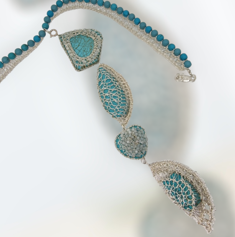 Silver Necklace-tie &quot;Just Blue&quot;  with turquoise and aquamarine embedded in CroShaped© wire pattern.